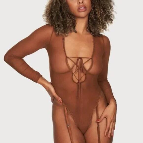 NWT Frederick's of Hollywood Brown Lola Lee Sheer Long Sleeve Bodysuit Medium - Picture 1 of 7